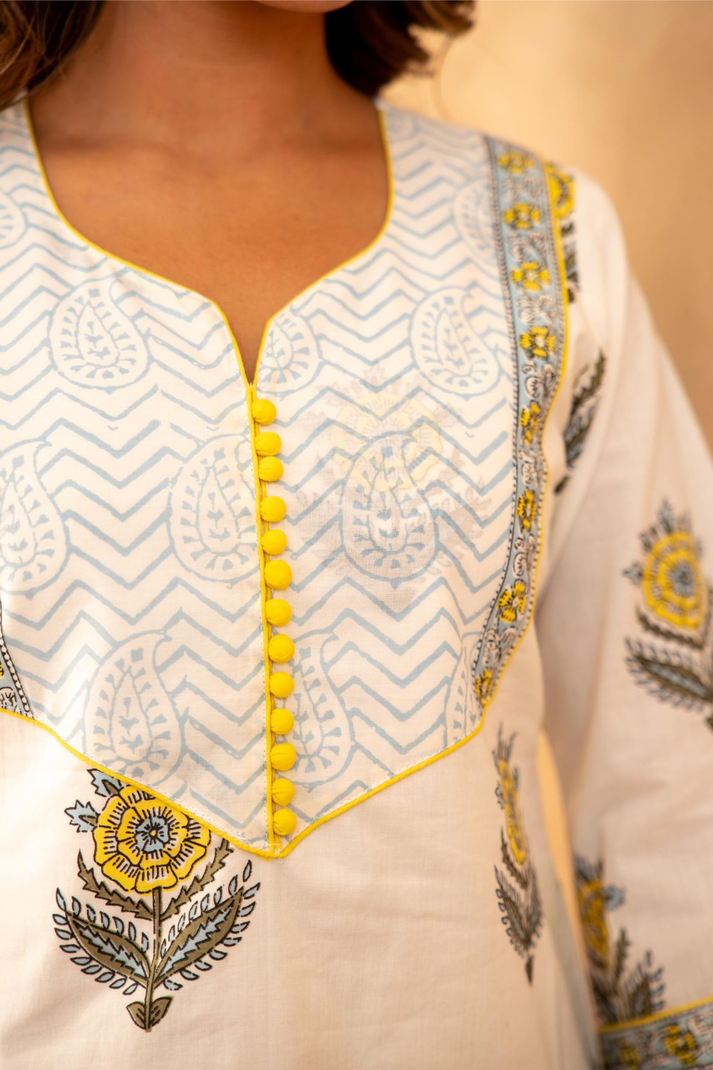Sunflower Handblock Cotton Suit Set with Mul Cotton Dupatta