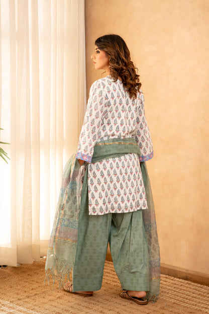 Sage Green Floral Cotton Suit Set with Farshi Salwar