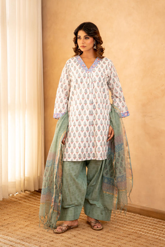 Sage Green Floral Cotton Suit Set with Farshi Salwar