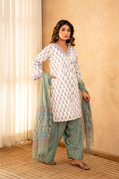 Sage Green Floral Cotton Suit Set with Farshi Salwar