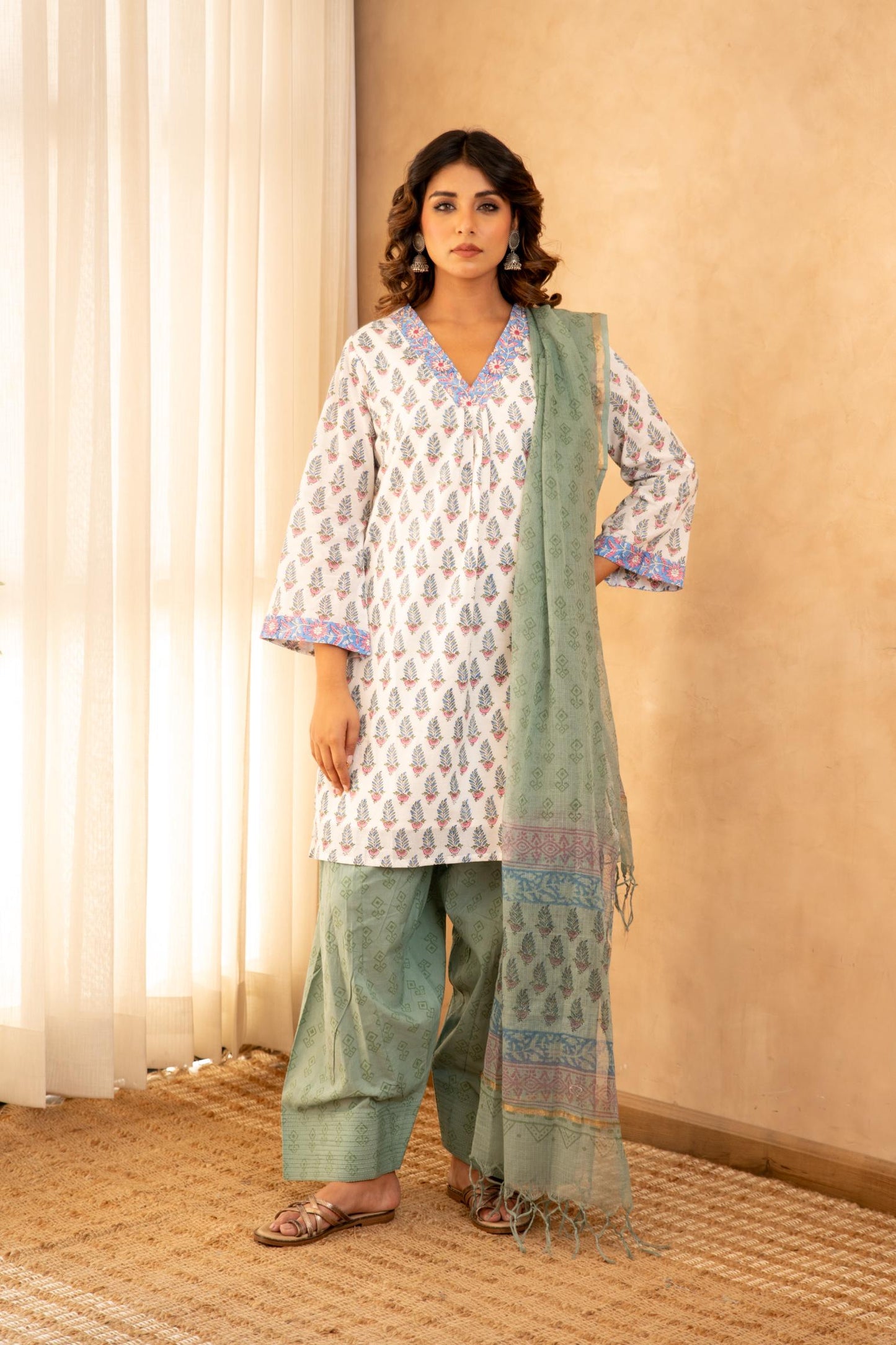 Sage Green Floral Cotton Suit Set with Farshi Salwar