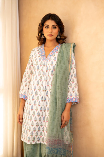 Sage Green Floral Cotton Suit Set with Farshi Salwar