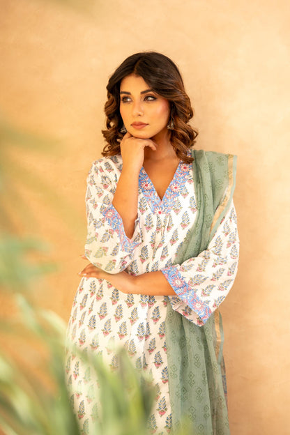 Sage Green Floral Cotton Suit Set with Farshi Salwar