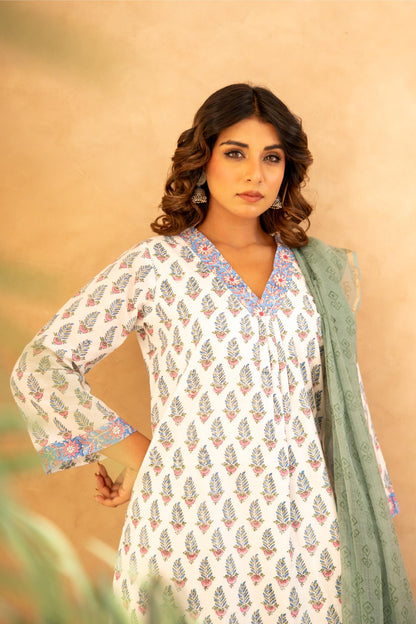 Sage Green Floral Cotton Suit Set with Farshi Salwar