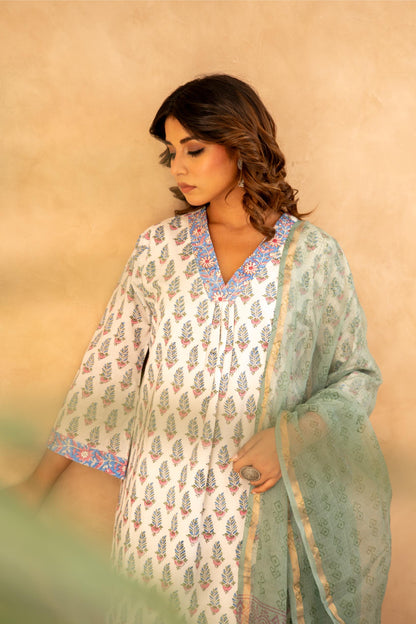 Sage Green Floral Cotton Suit Set with Farshi Salwar