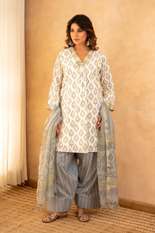 Grey Floral Cotton Suit Set with Farshi Salwar