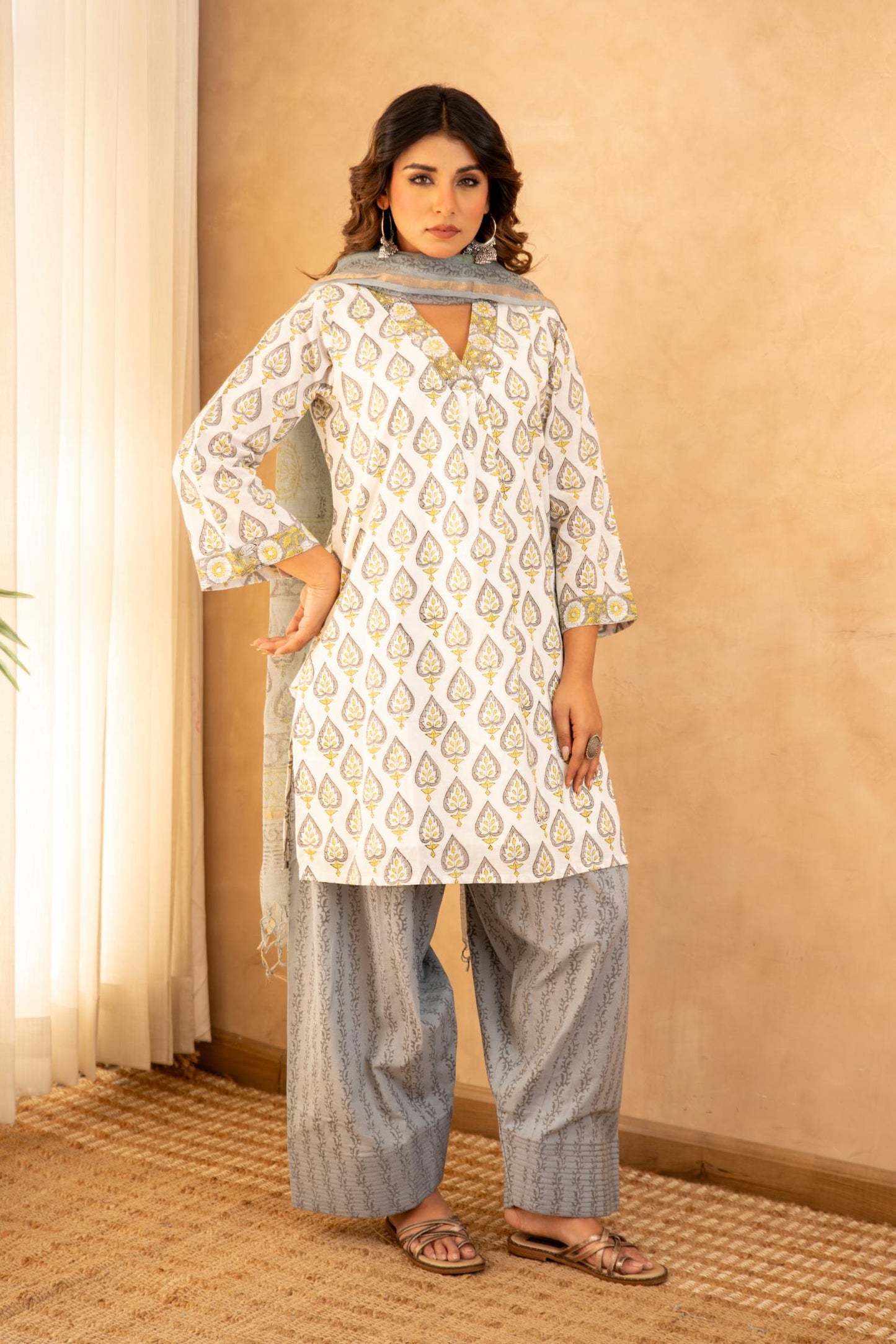 Grey Floral Cotton Suit Set with Farshi Salwar