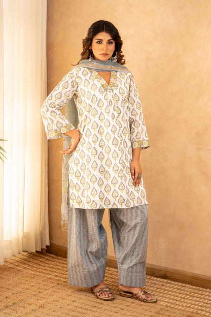 Grey Floral Cotton Suit Set with Farshi Salwar