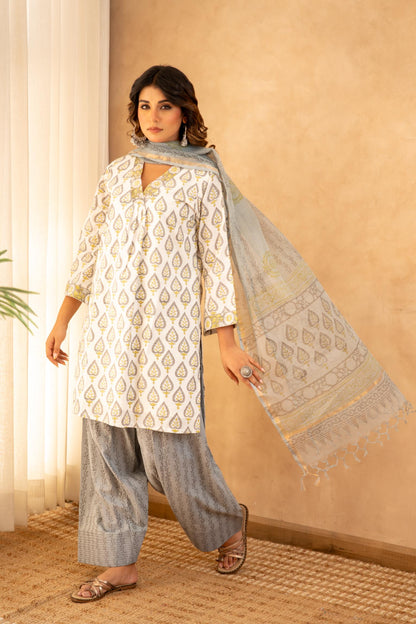 Grey Floral Cotton Suit Set with Farshi Salwar