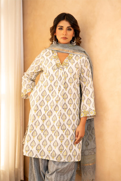 Grey Floral Cotton Suit Set with Farshi Salwar