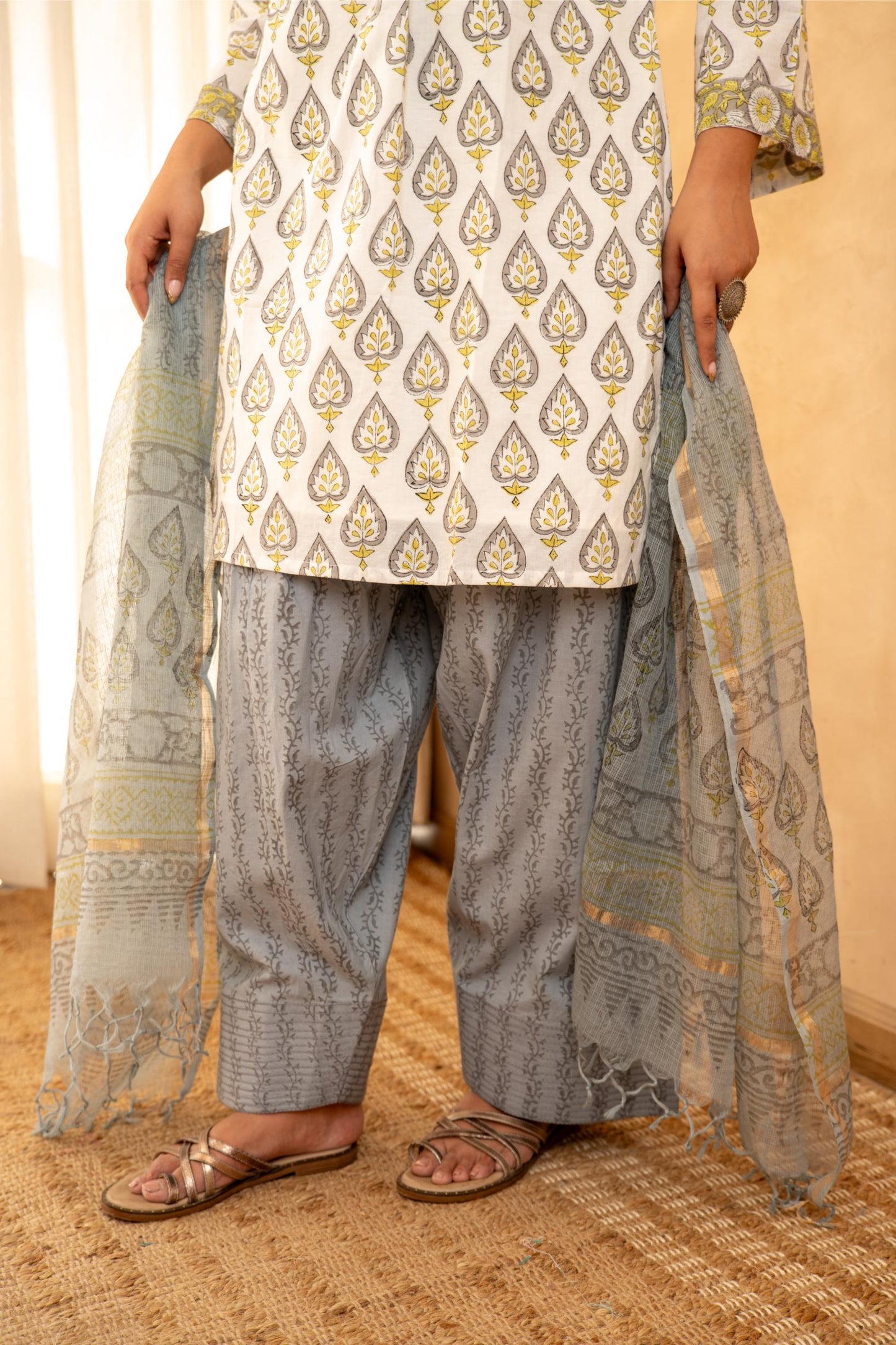 Grey Floral Cotton Suit Set with Farshi Salwar