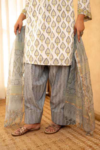 Grey Floral Cotton Suit Set with Farshi Salwar