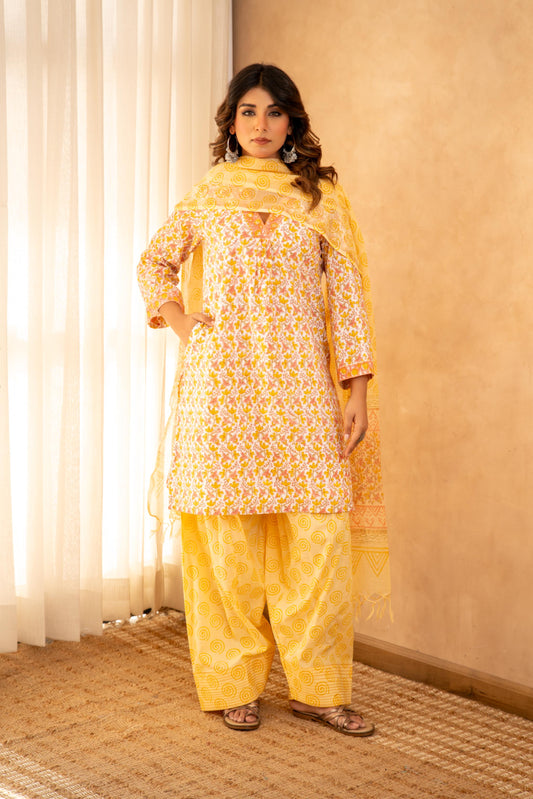 Sunshine Floral Cotton Suit Set with Farshi Salwar