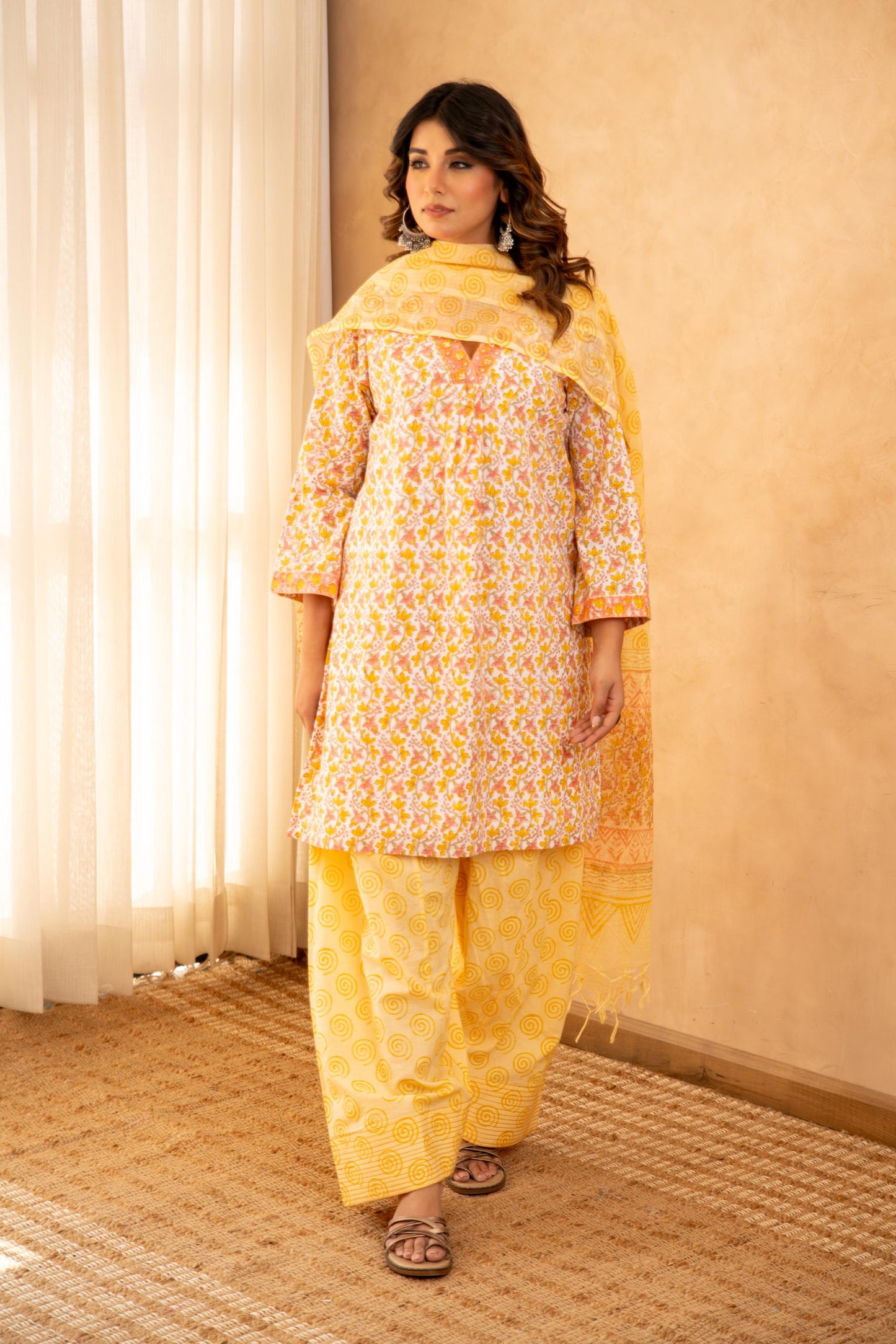 Sunshine Floral Cotton Suit Set with Farshi Salwar