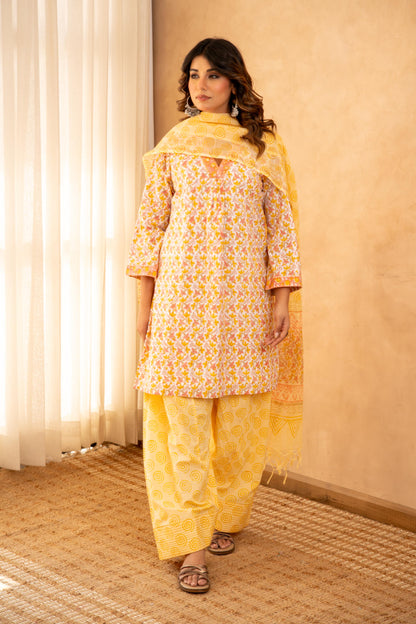 Sunshine Floral Cotton Suit Set with Farshi Salwar