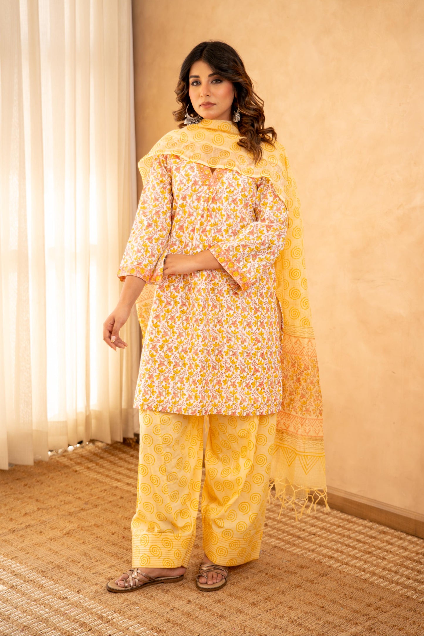 Sunshine Floral Cotton Suit Set with Farshi Salwar