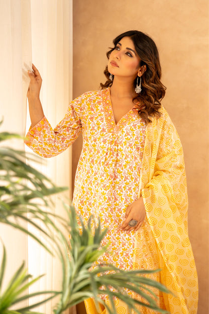 Sunshine Floral Cotton Suit Set with Farshi Salwar