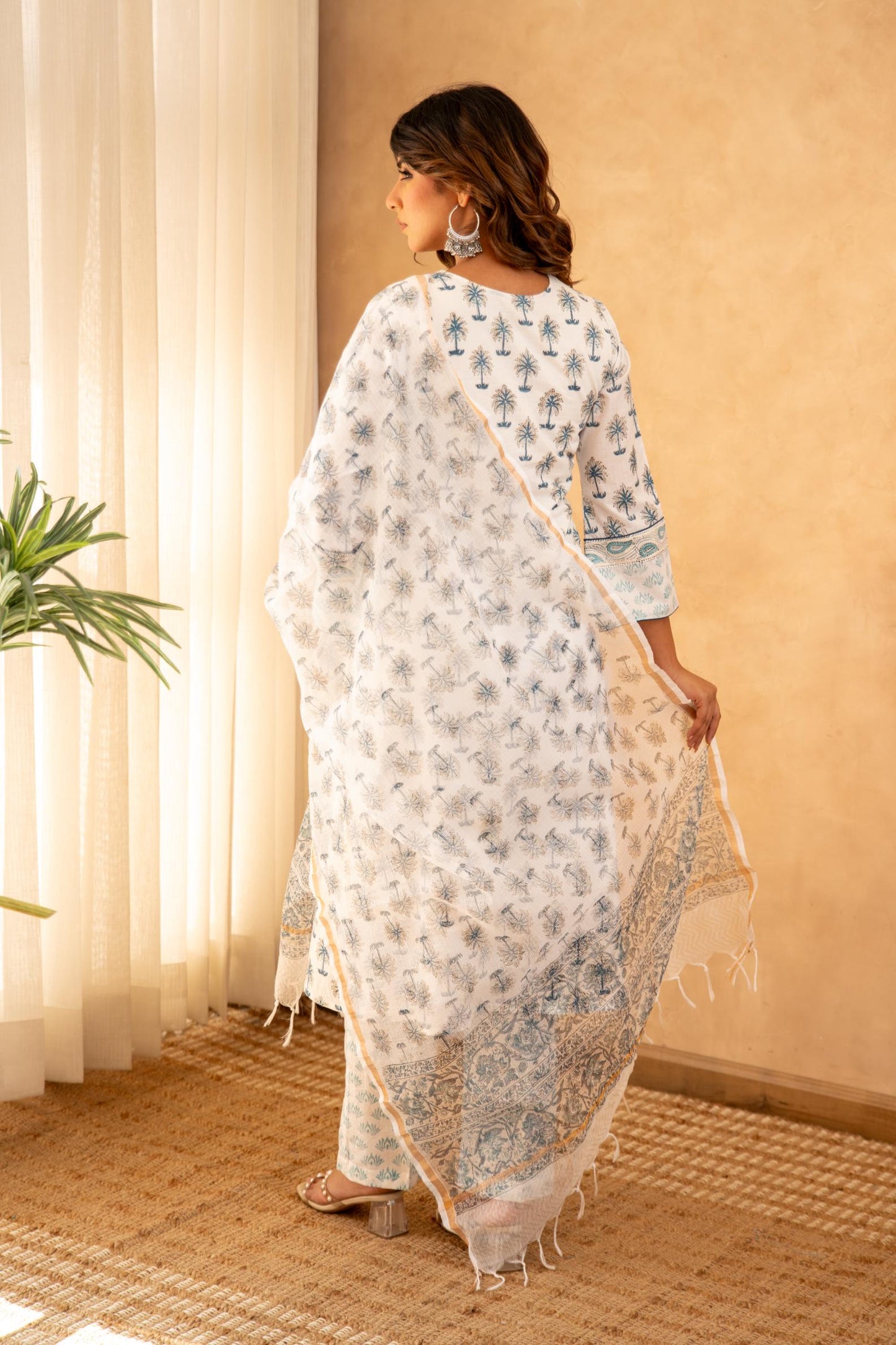 Blue Handblock Cotton Suit Set with Kota Doria Dupatta
