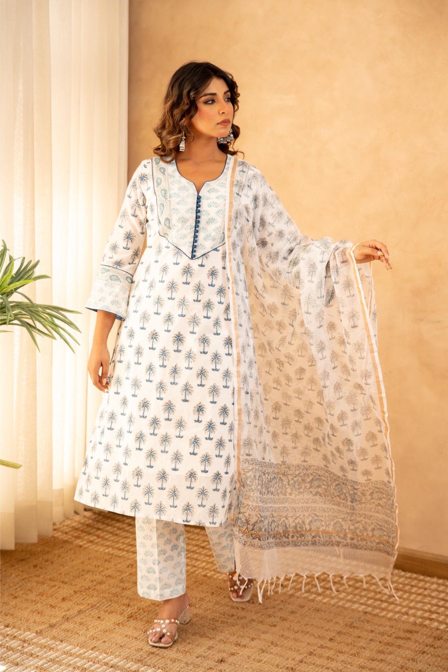Blue Handblock Cotton Suit Set with Kota Doria Dupatta