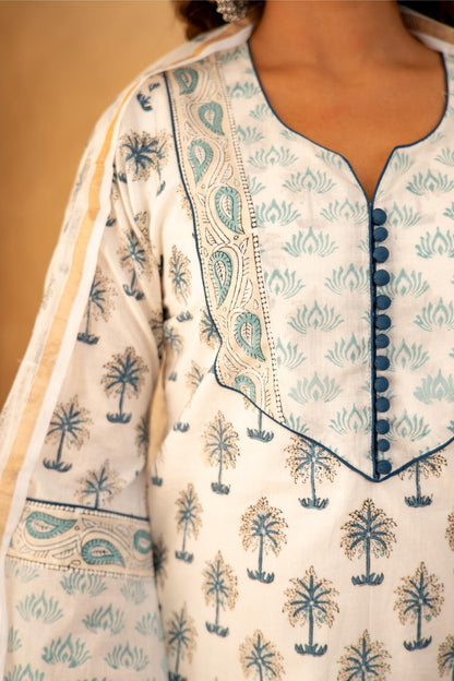 Blue Handblock Cotton Suit Set with Kota Doria Dupatta