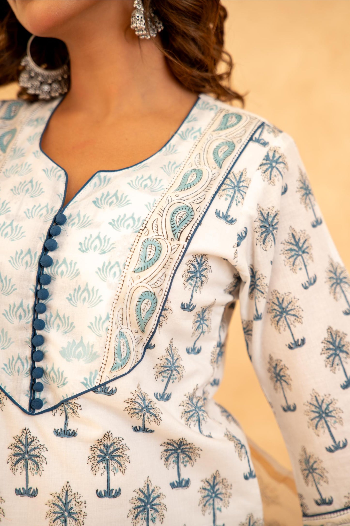 Blue Handblock Cotton Suit Set with Kota Doria Dupatta