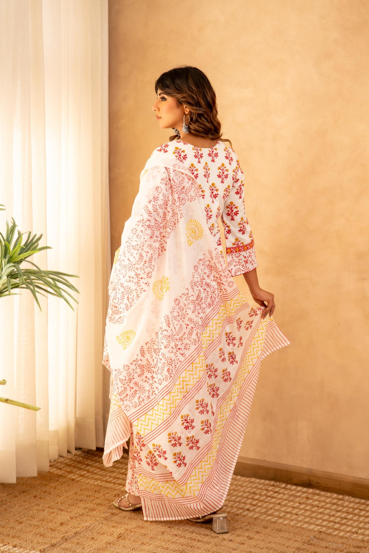 Rose Garden Handblock Cotton Suit Set with Mul Cotton Dupatta