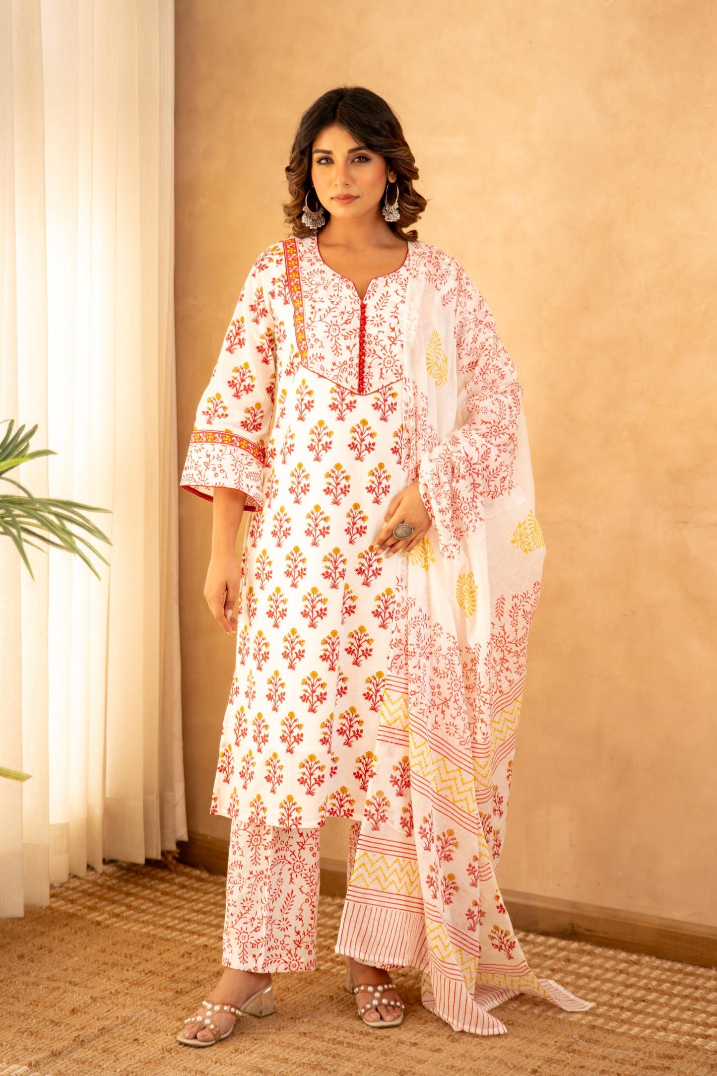 Rose Garden Handblock Cotton Suit Set with Mul Cotton Dupatta
