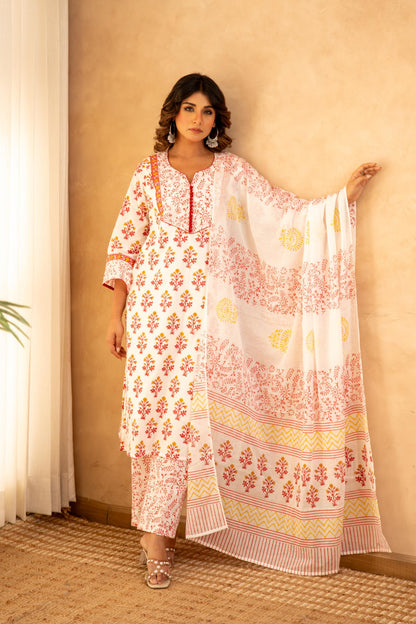 Rose Garden Handblock Cotton Suit Set with Mul Cotton Dupatta