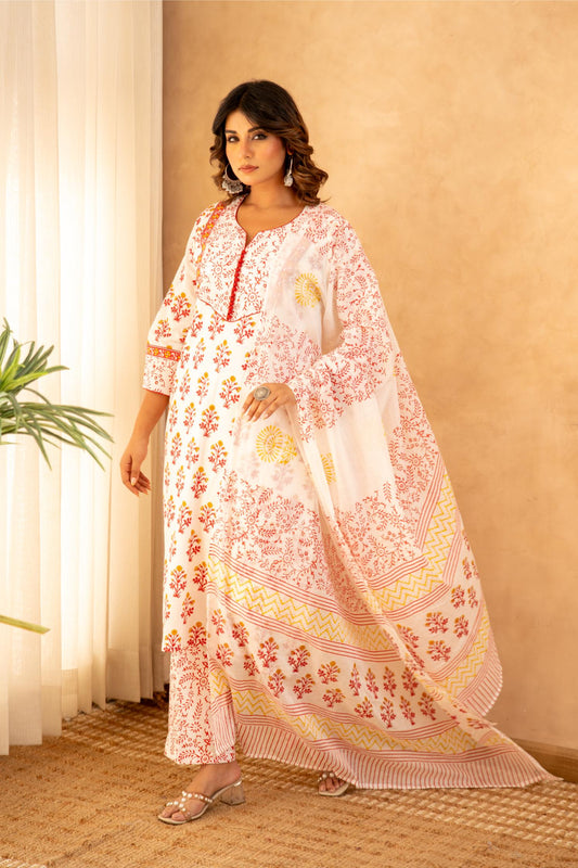 Rose Garden Handblock Cotton Suit Set with Mul Cotton Dupatta