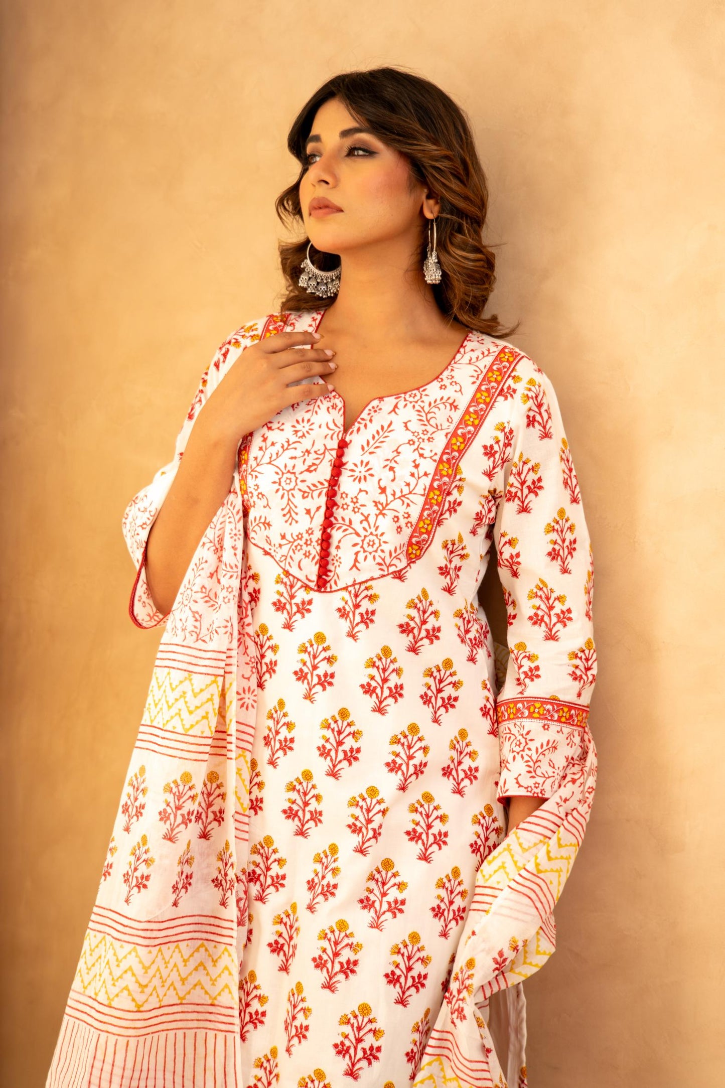 Rose Garden Handblock Cotton Suit Set with Mul Cotton Dupatta