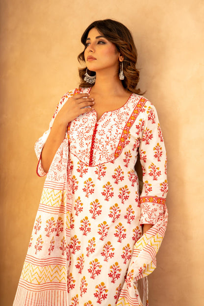 Rose Garden Handblock Cotton Suit Set with Mul Cotton Dupatta
