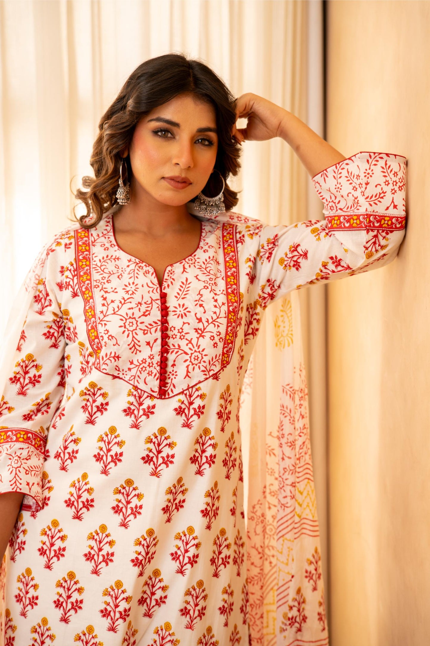 Rose Garden Handblock Cotton Suit Set with Mul Cotton Dupatta