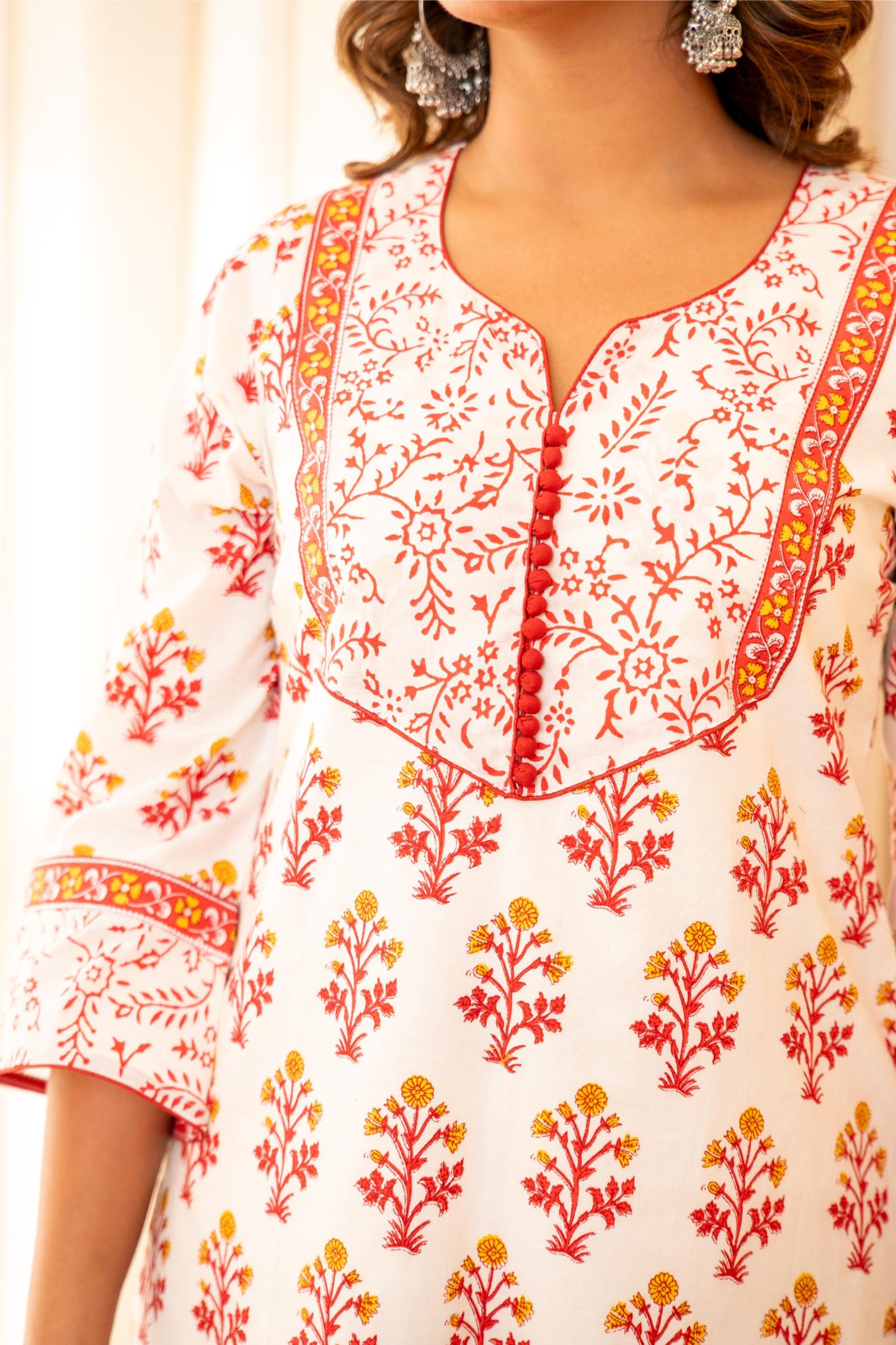 Rose Garden Handblock Cotton Suit Set with Mul Cotton Dupatta