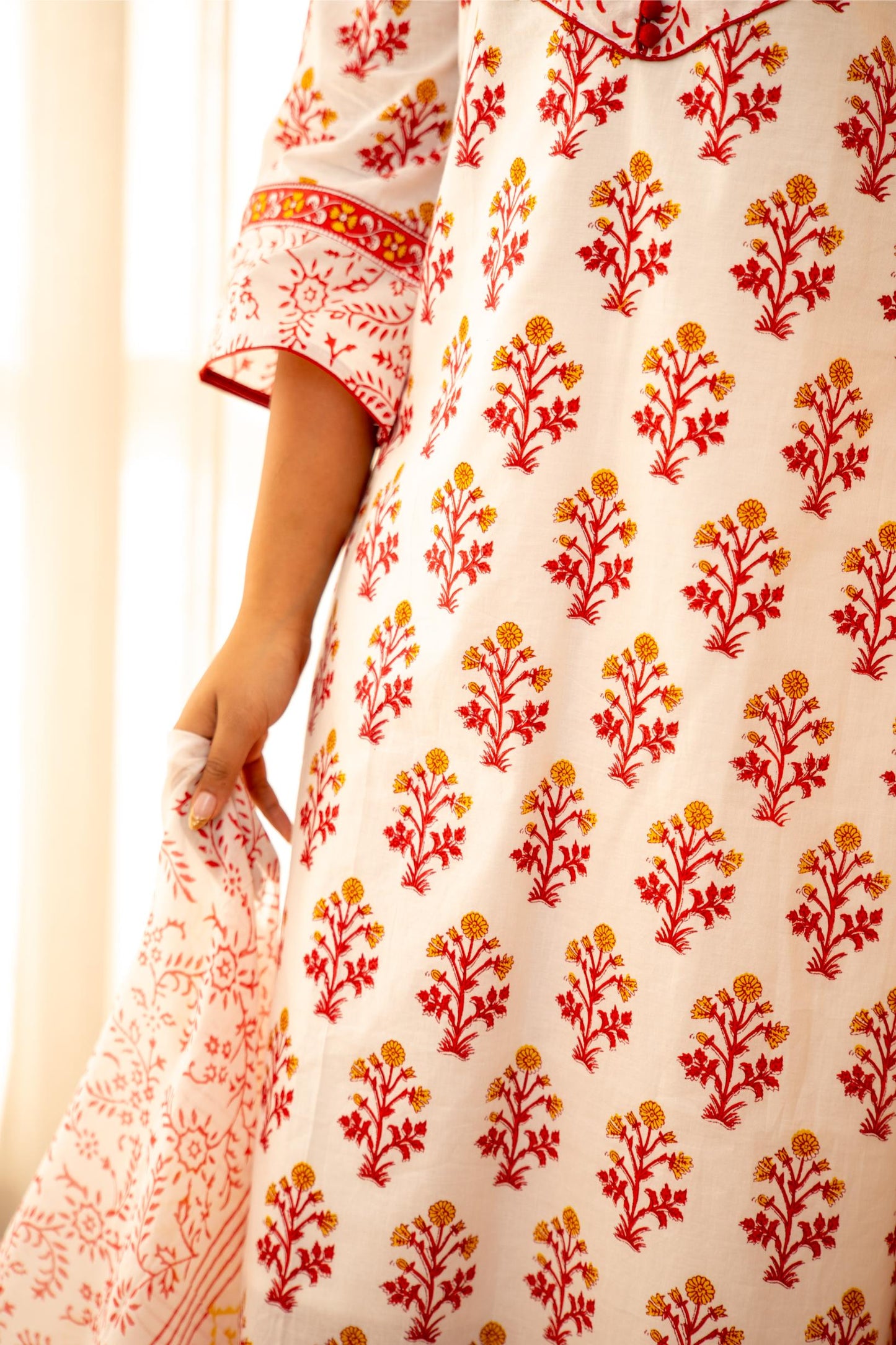Rose Garden Handblock Cotton Suit Set with Mul Cotton Dupatta