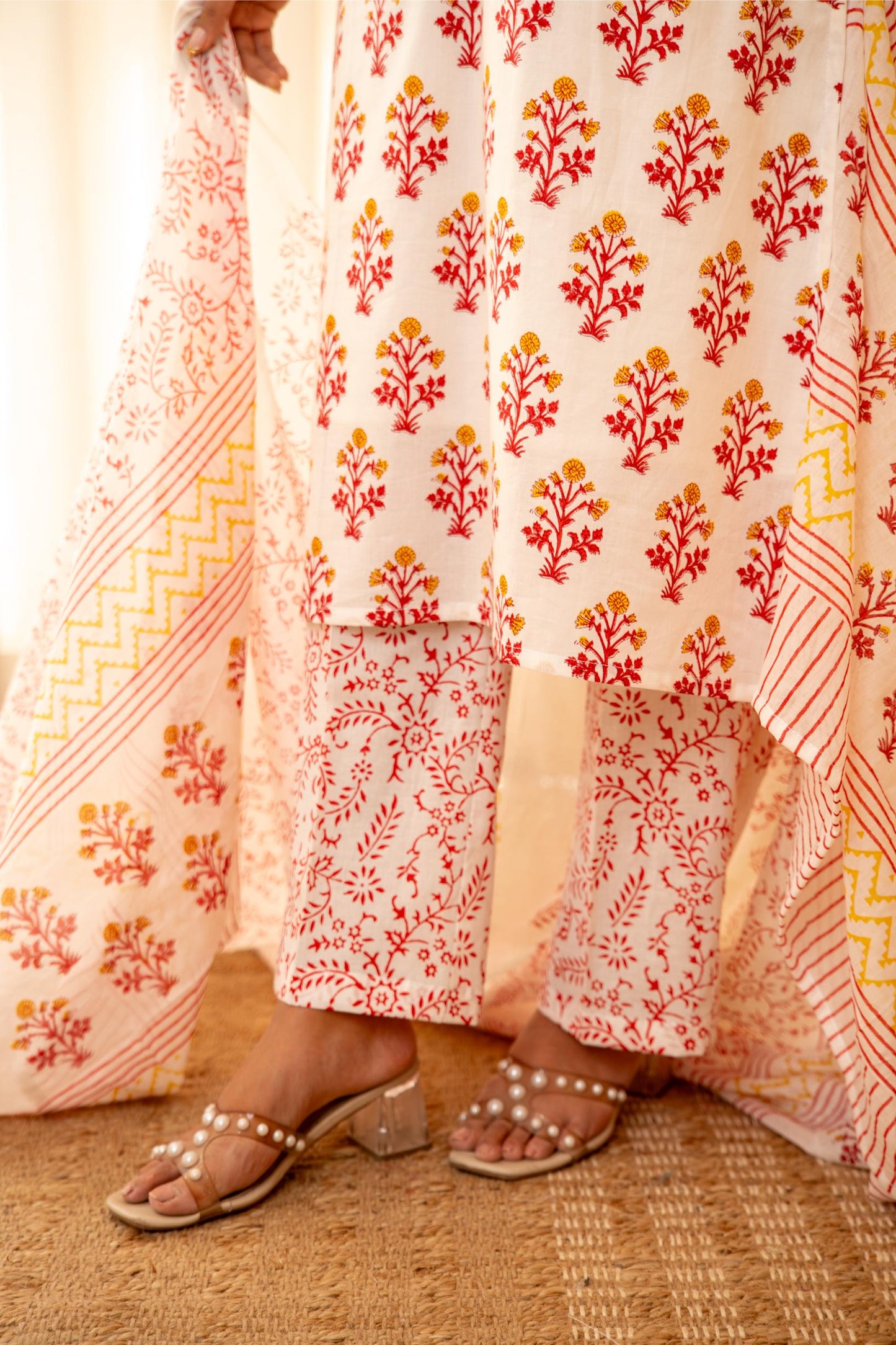 Rose Garden Handblock Cotton Suit Set with Mul Cotton Dupatta