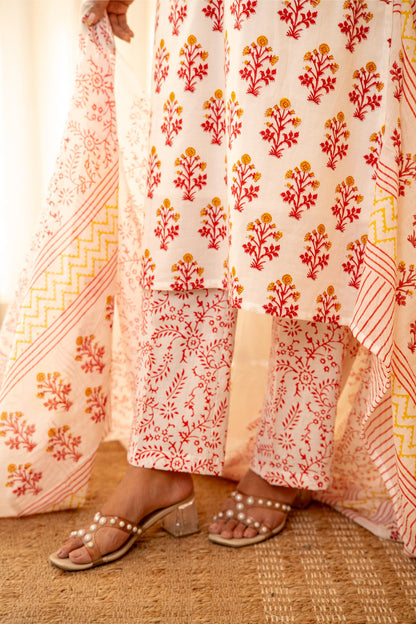 Rose Garden Handblock Cotton Suit Set with Mul Cotton Dupatta