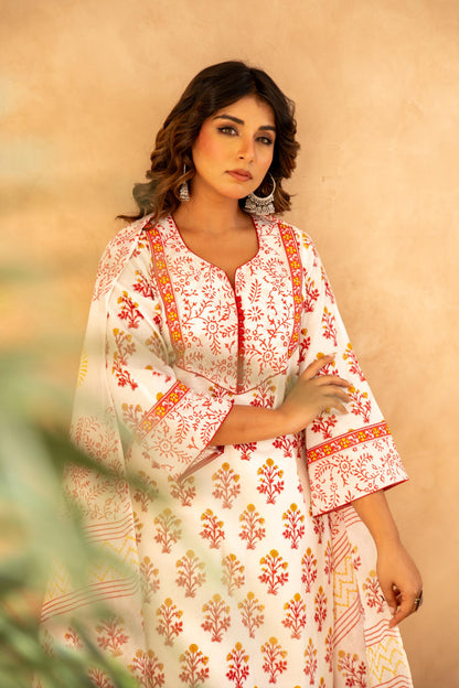 Rose Garden Handblock Cotton Suit Set with Mul Cotton Dupatta