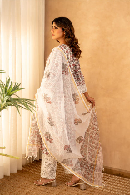 Ivory Bloom Handblock Cotton Suit Set with Kota Doria Dupatta