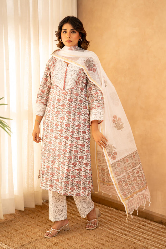 Ivory Bloom Handblock Cotton Suit Set with Kota Doria Dupatta