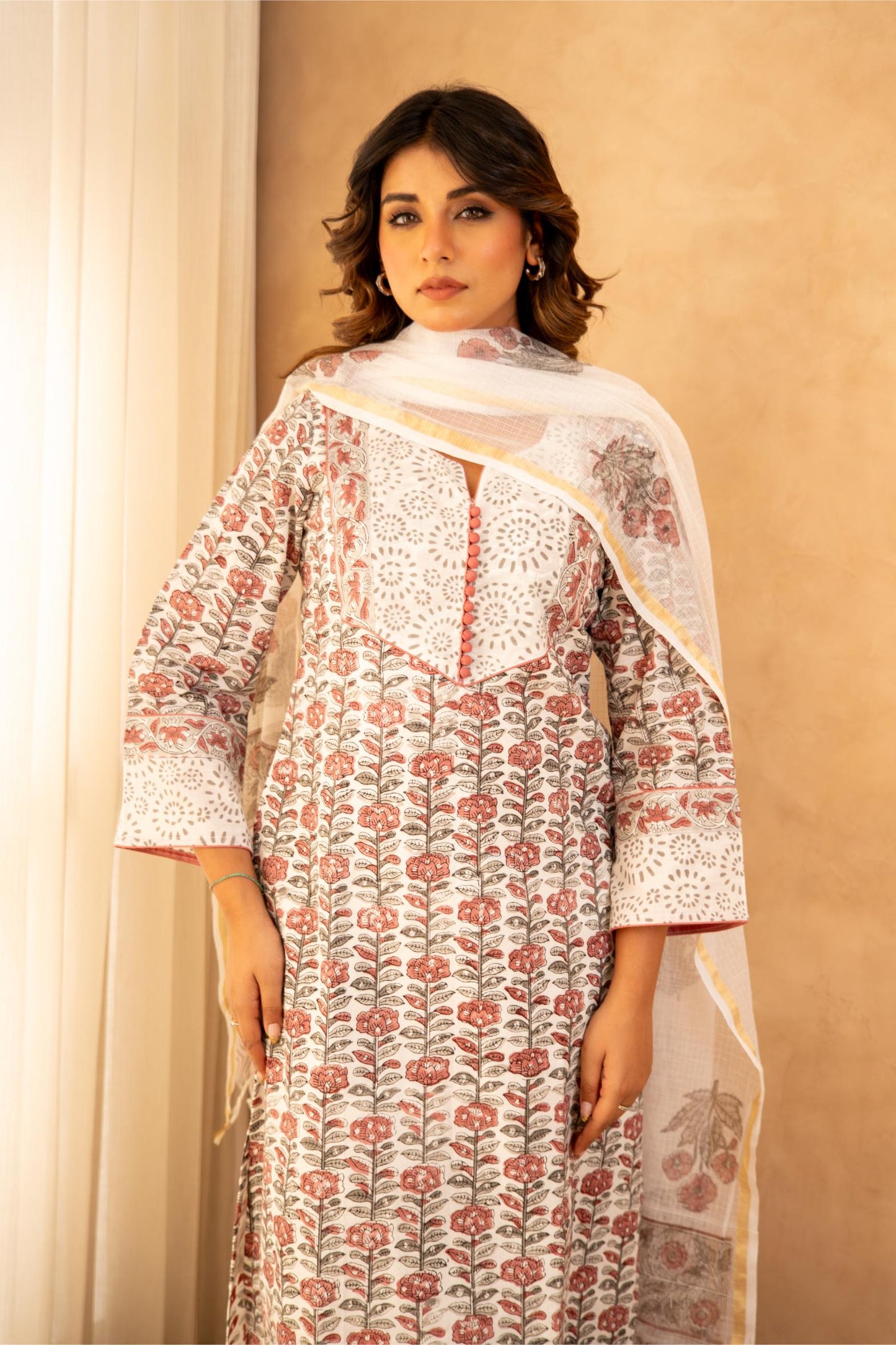Ivory Bloom Handblock Cotton Suit Set with Kota Doria Dupatta