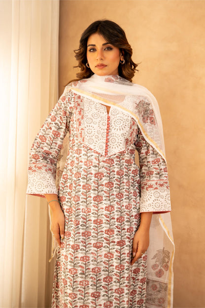 Ivory Bloom Handblock Cotton Suit Set with Kota Doria Dupatta
