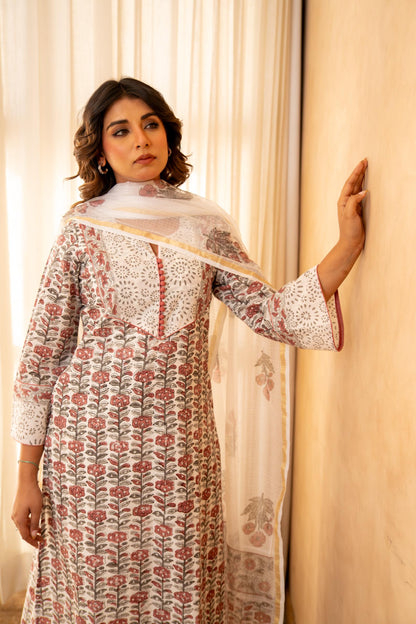 Ivory Bloom Handblock Cotton Suit Set with Kota Doria Dupatta