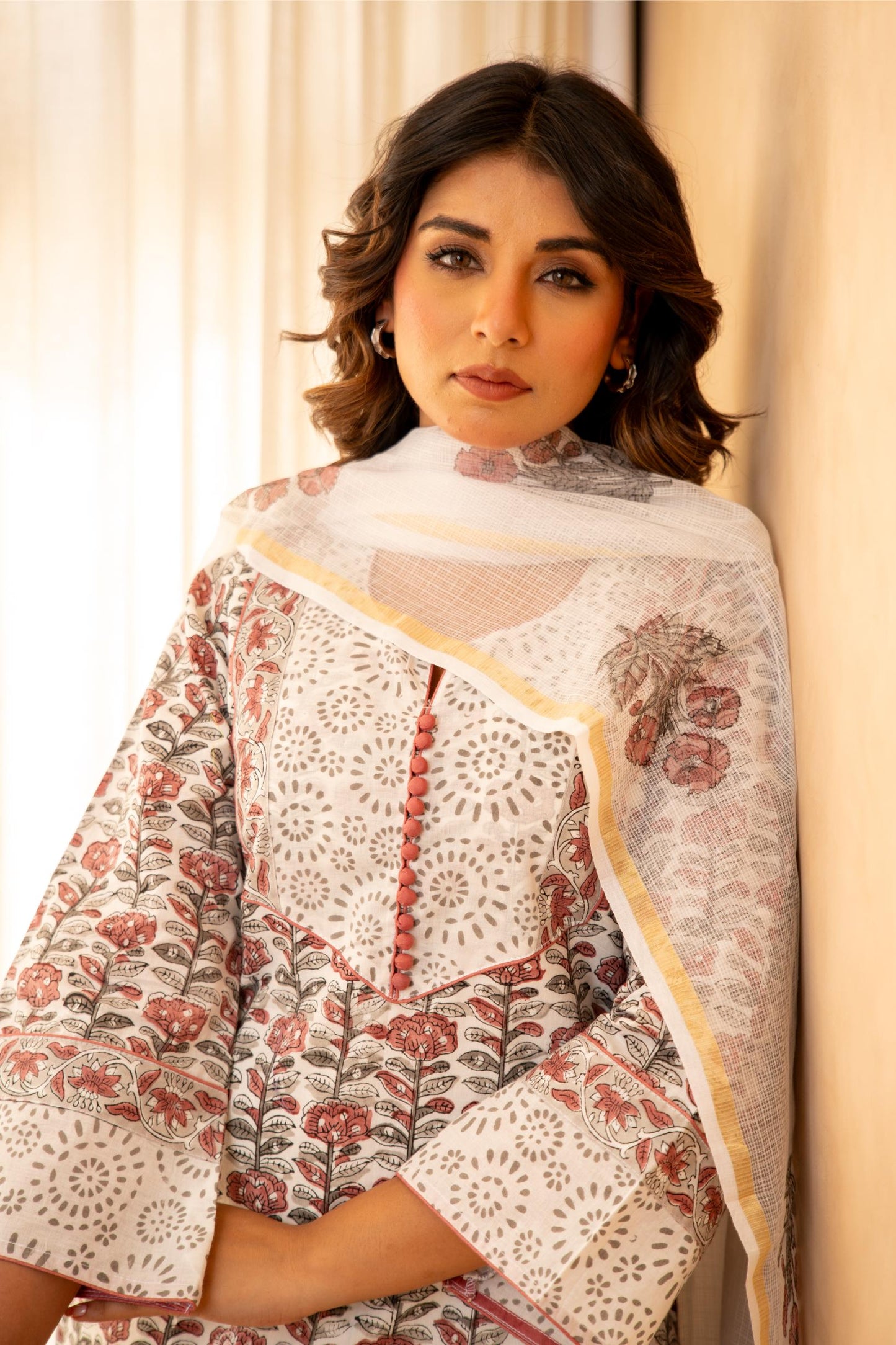 Ivory Bloom Handblock Cotton Suit Set with Kota Doria Dupatta