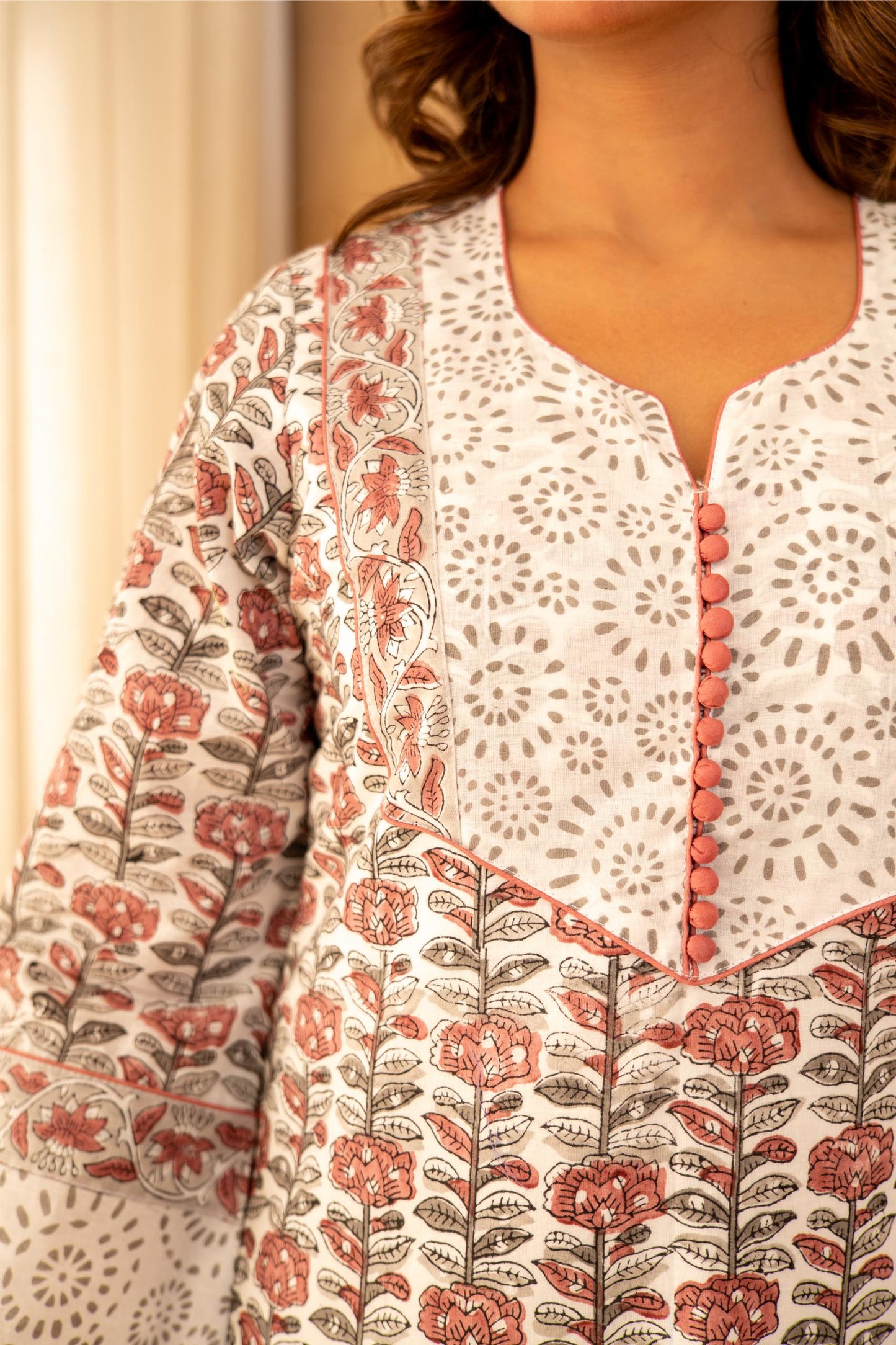 Ivory Bloom Handblock Cotton Suit Set with Kota Doria Dupatta