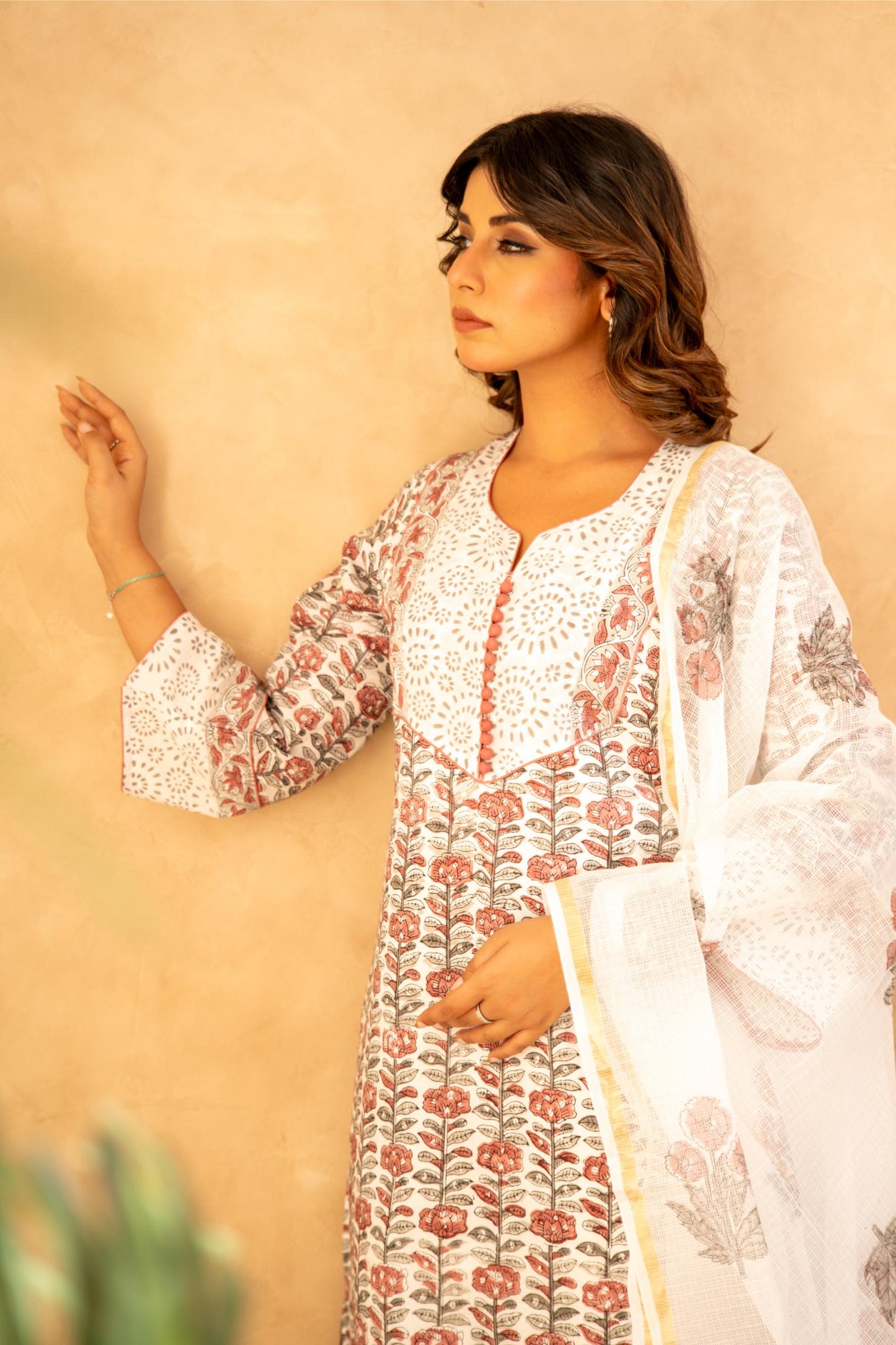 Ivory Bloom Handblock Cotton Suit Set with Kota Doria Dupatta