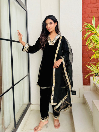 Black Sheen Velvet Suit Set