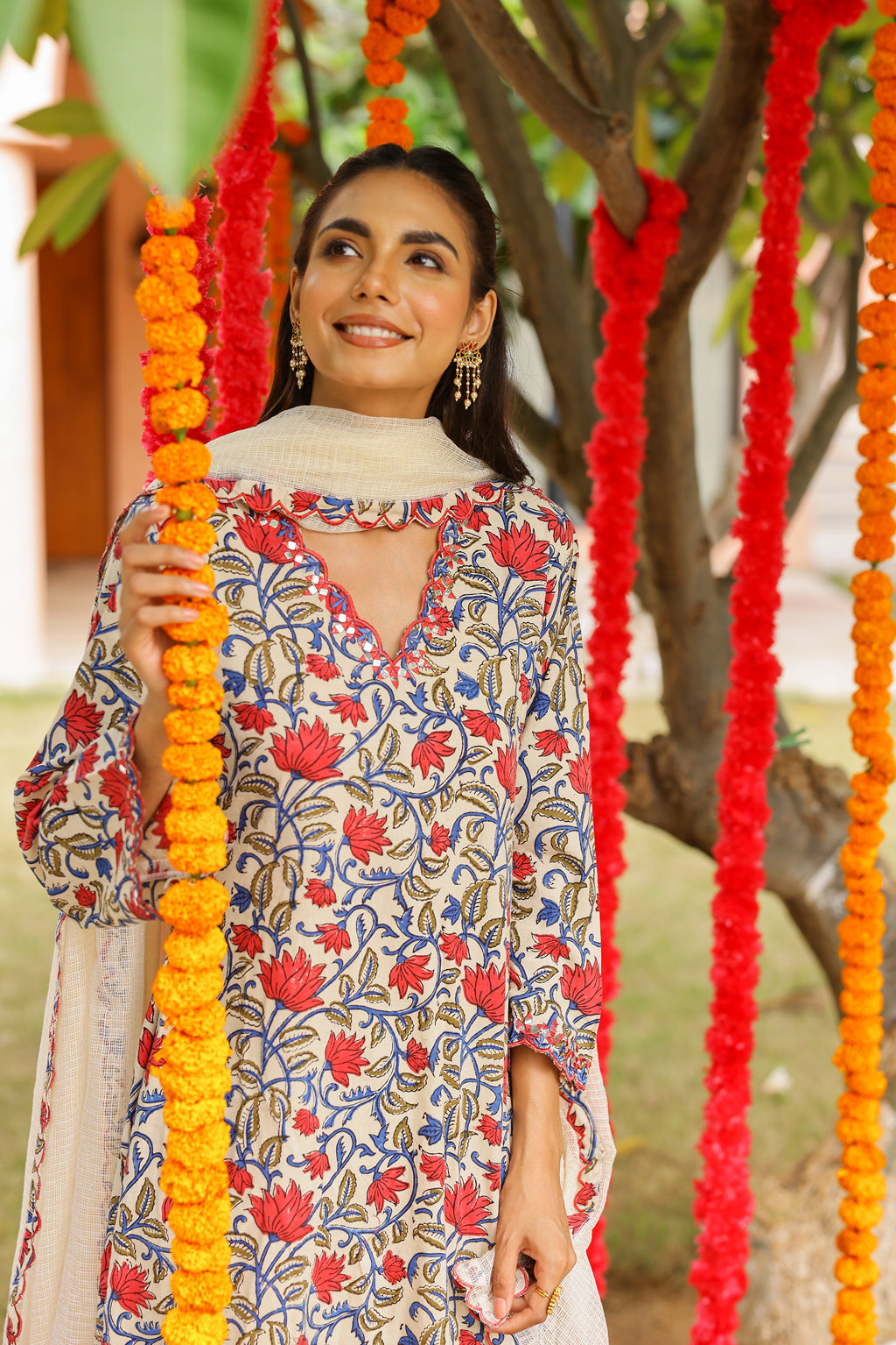 Cream Pink Floral Cotton Handblock Embroidered Kurta Set with Dupatta