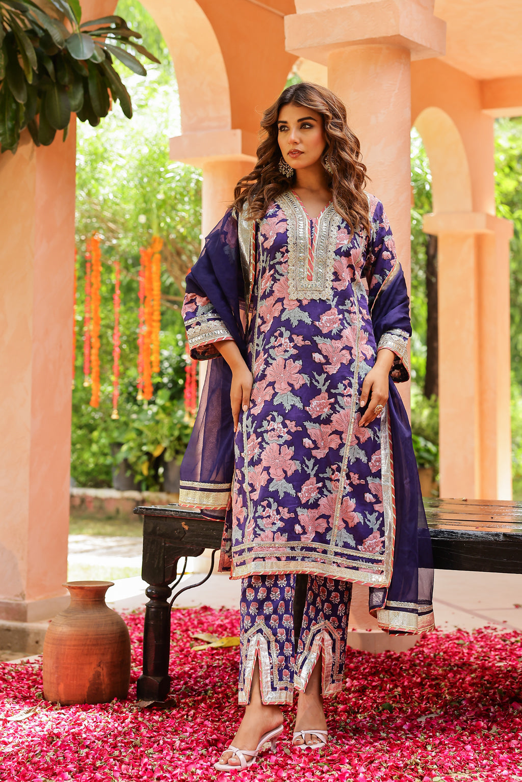 Indigo Radiance Festive Gota Handblock Cotton Suit Set with Dupatta