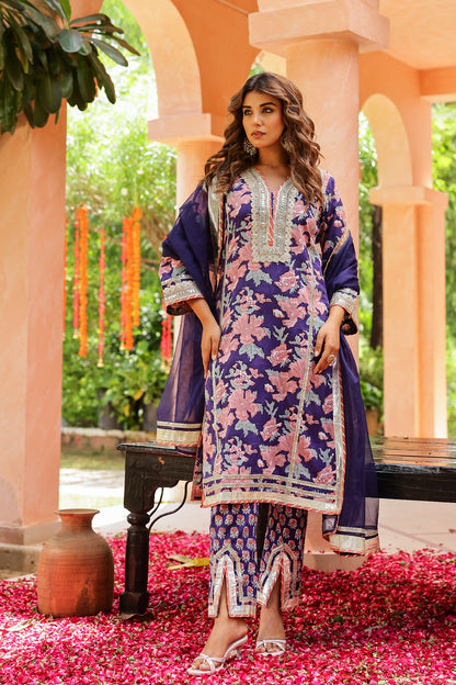 Indigo Radiance Festive Gota Handblock Cotton Suit Set with Dupatta
