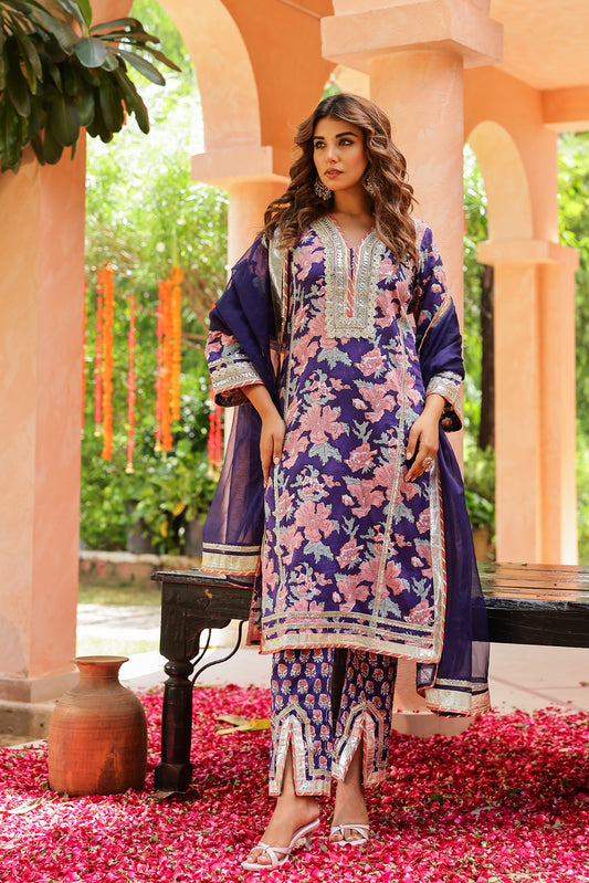 Indigo Radiance Festive Gota Handblock Cotton Suit Set with Dupatta